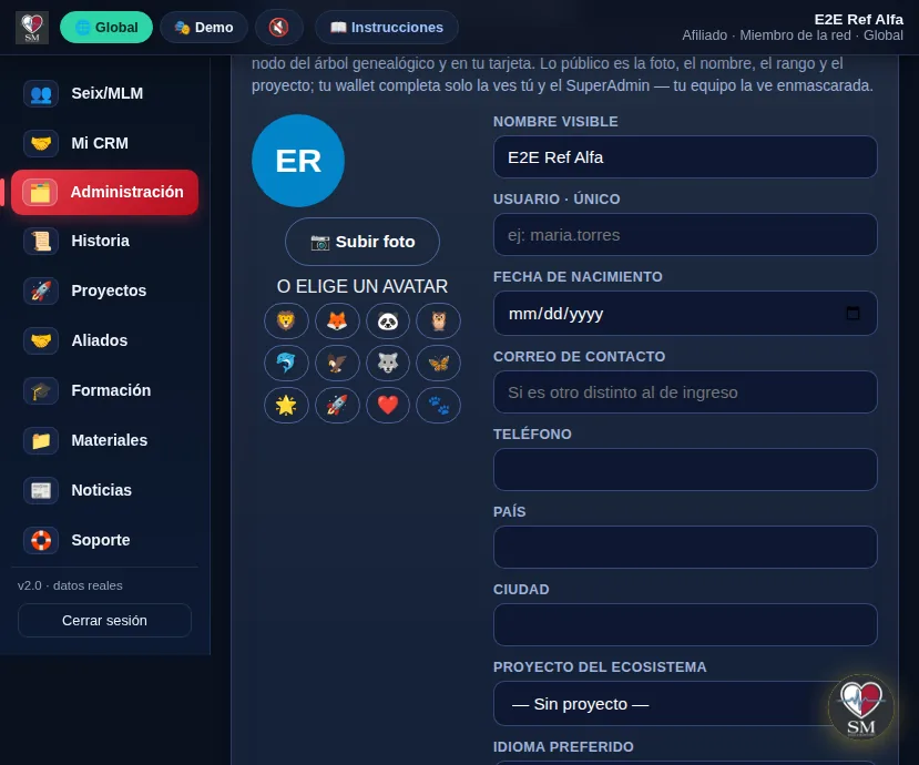 Administración y perfil del miembro, con su enlace de referido junto a su usuario